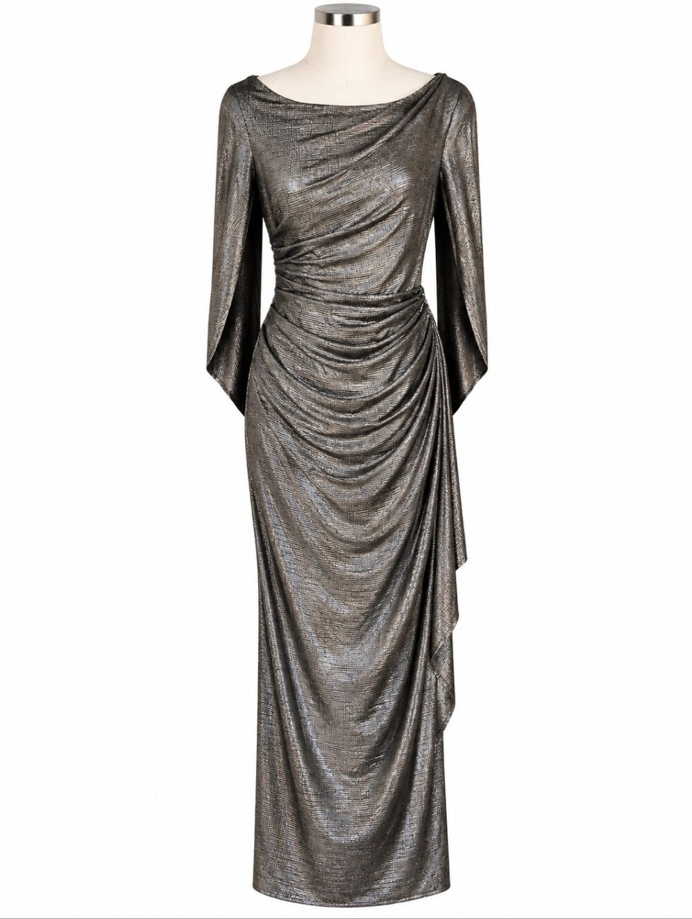 R&M Richards Gown 14P Gunmetal Silver Metallic Ruched Drape Back Cape Dress MOB